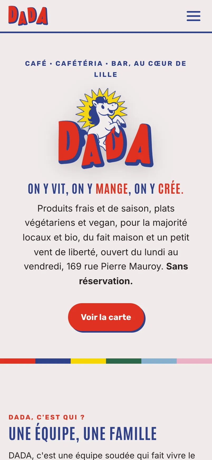 Site de DADA Cafétéria sur iPhone : logo, accroche et bouton Voir la carte