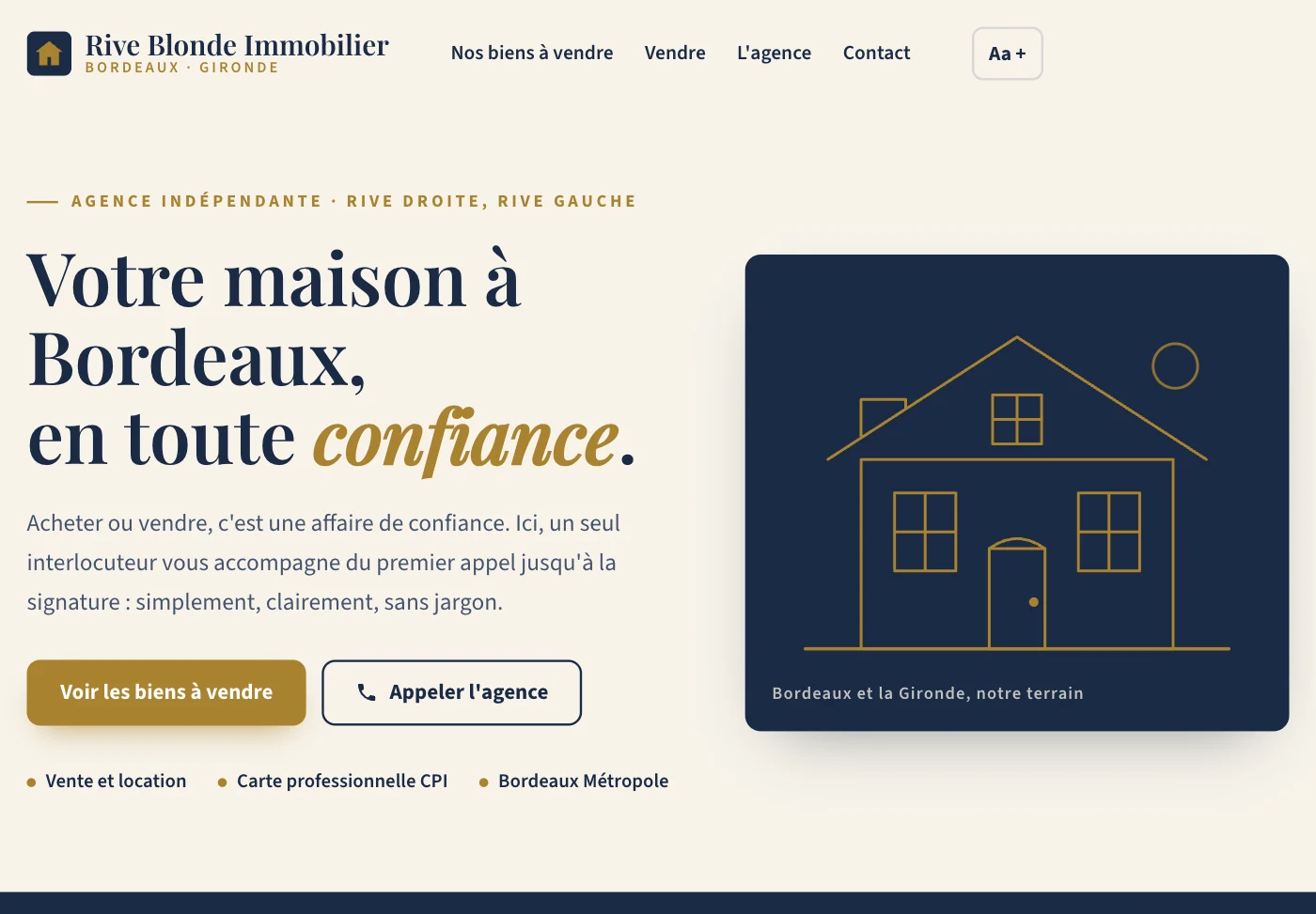 Maquette de site pour une agence immobilière au nom inventé, Rive Blonde Immobilier