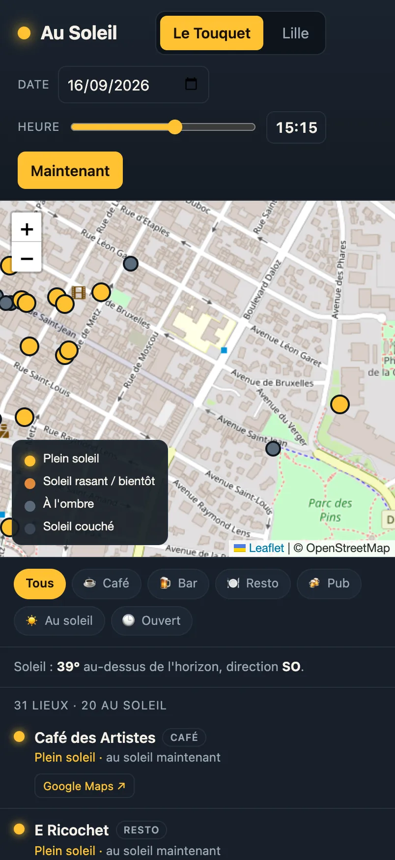 Application Au Soleil sur iPhone : carte des terrasses au soleil et à l'ombre à l'heure choisie