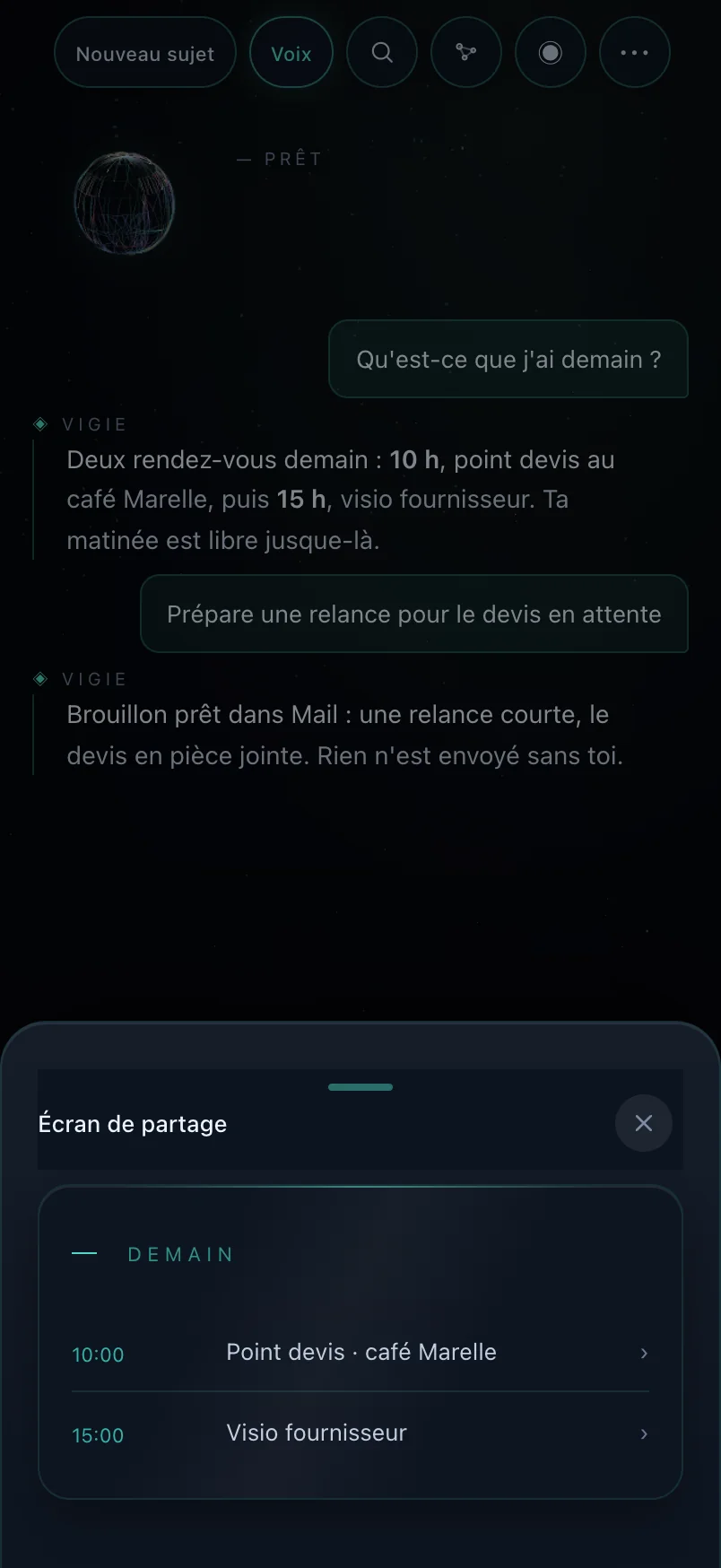 VIGIE sur iPhone : conversation avec l'assistant, qui liste les rendez-vous du lendemain (démonstration)